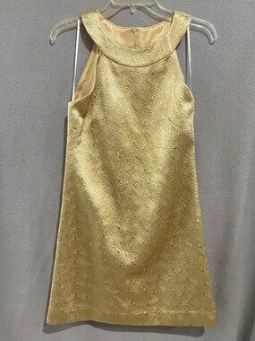 ABS Allen Schwartz Gold Jacquard Dress Size 4 Sleeveless Shift Cocktail Dress